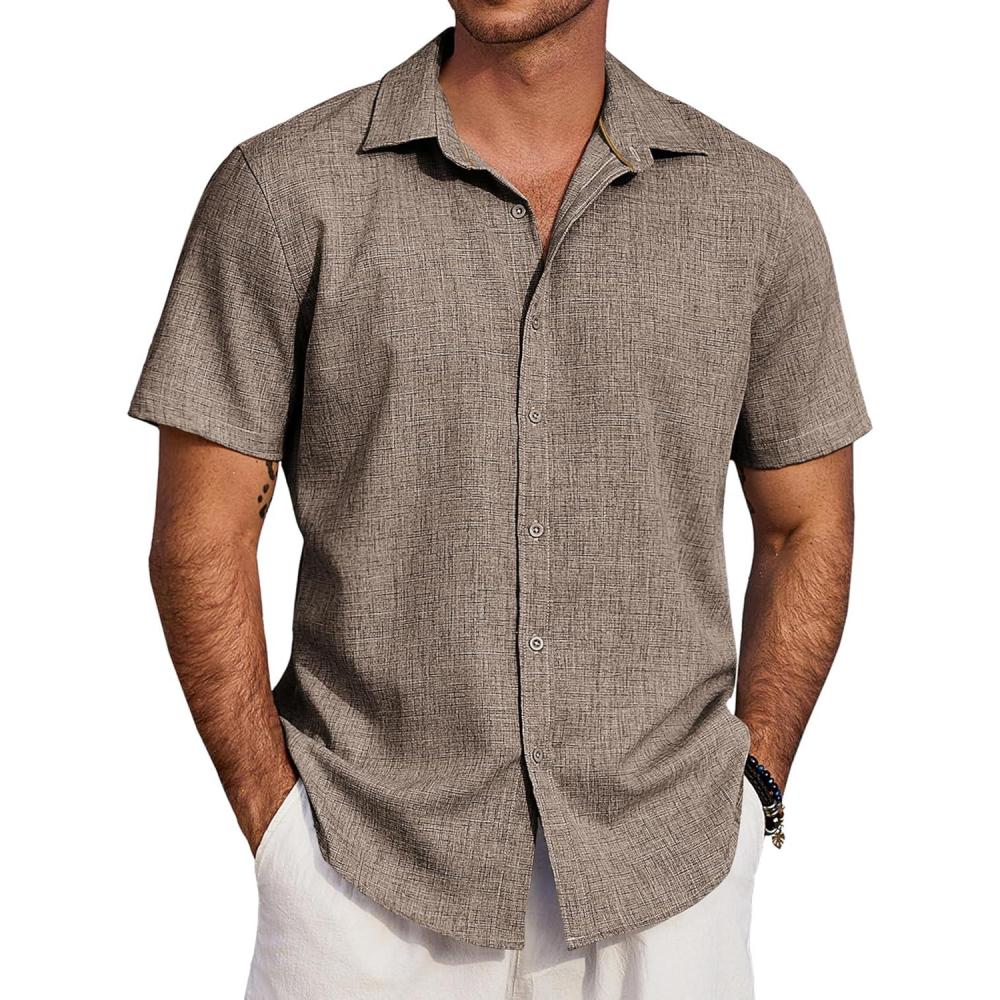 imageCOOFANDY Mens Beach Summer Shirts Linen Texture Shirts Short Sleeve Casual Button Down ShirtBrown