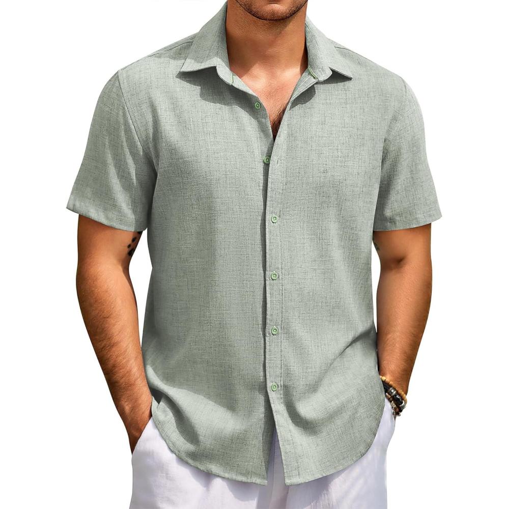 imageCOOFANDY Mens Beach Summer Shirts Linen Texture Shirts Short Sleeve Casual Button Down ShirtLight Green