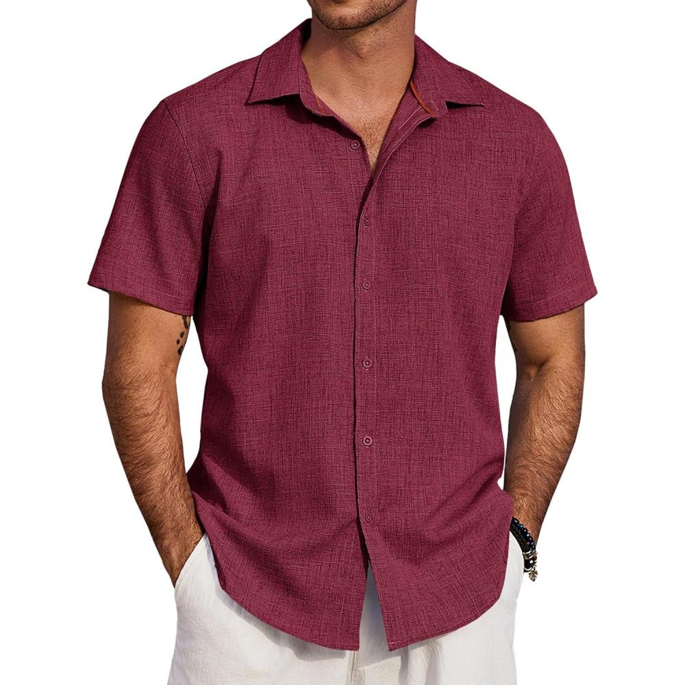 imageCOOFANDY Mens Beach Summer Shirts Linen Texture Shirts Short Sleeve Casual Button Down ShirtWine Red
