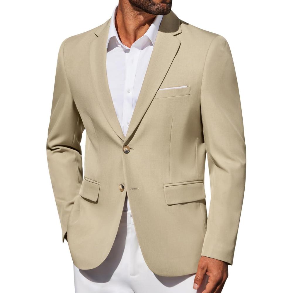 imageCOOFANDY Mens Blazer Business Suit Jacket Slim Fit Two Button Casual Sport CoatsLight Grey Khaki