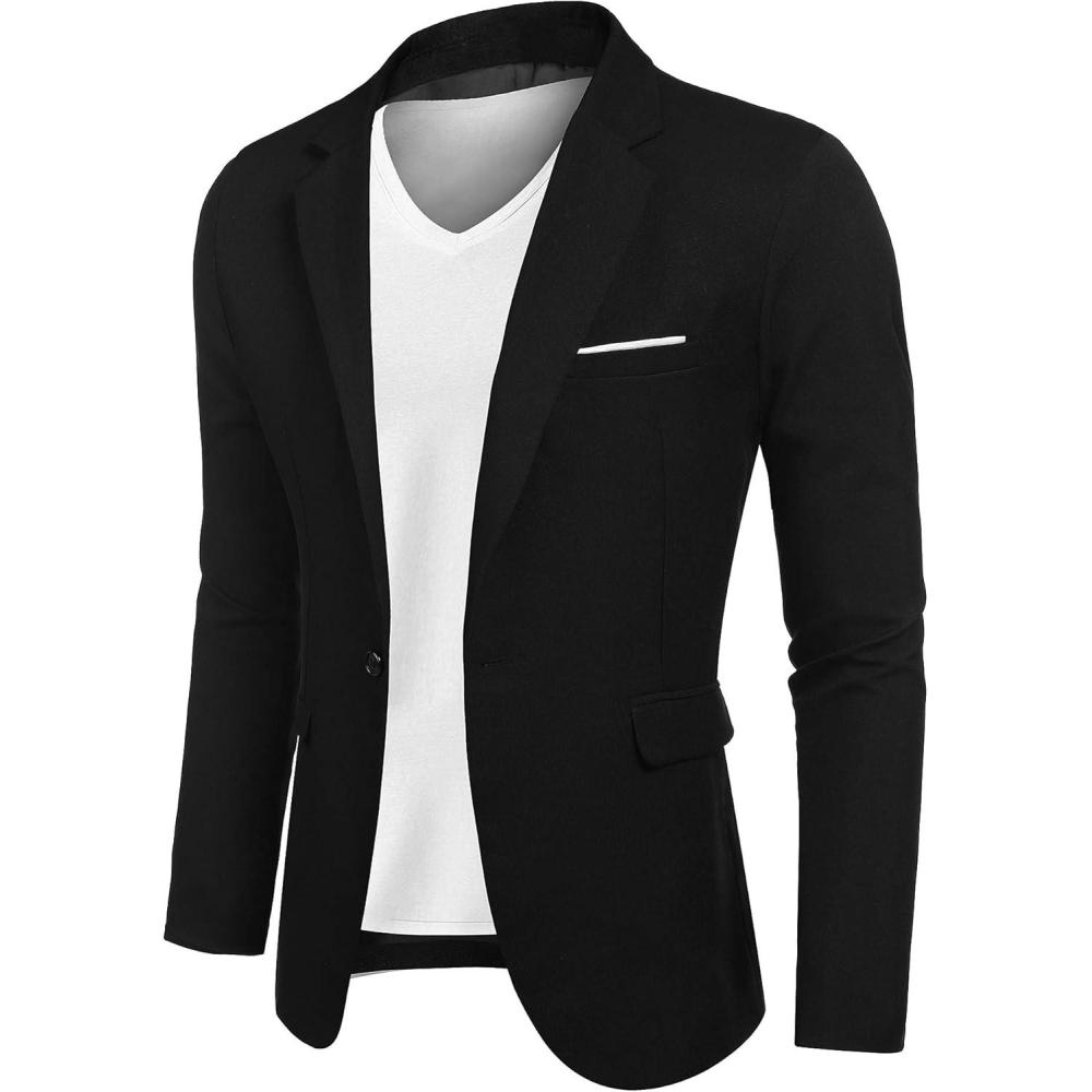 imageCOOFANDY Mens Blazer Casual Sport Coats Slim Fit One Button Suit Jacket Lightweight Sports JacketDark Black