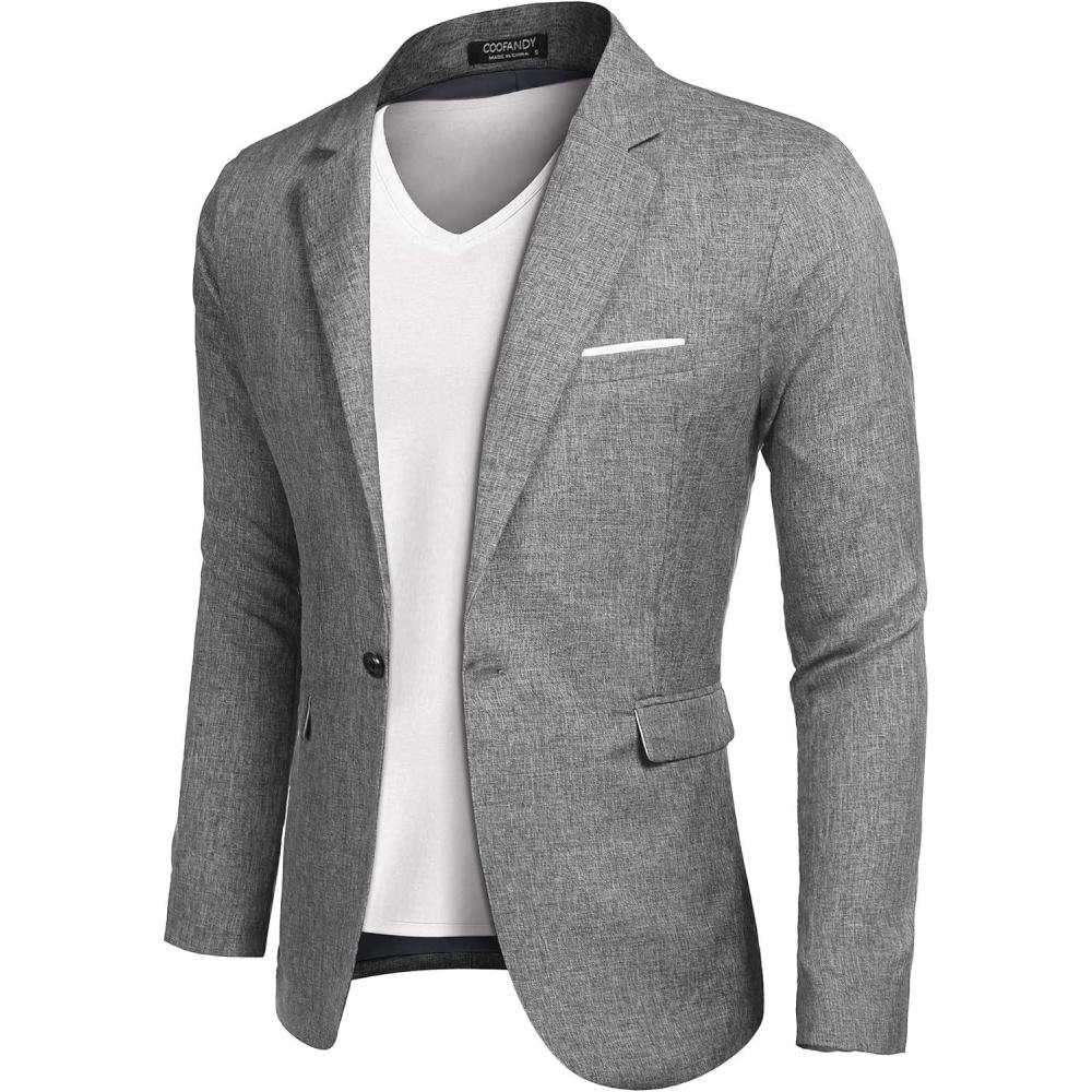 imageCOOFANDY Mens Blazer Casual Sport Coats Slim Fit One Button Suit Jacket Lightweight Sports JacketLinen Gray