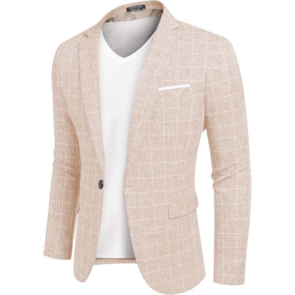 imageCOOFANDY Mens Blazer Casual Sport Coats Slim Fit One Button Suit Jacket Lightweight Sports JacketPlaid Blazer  Beige