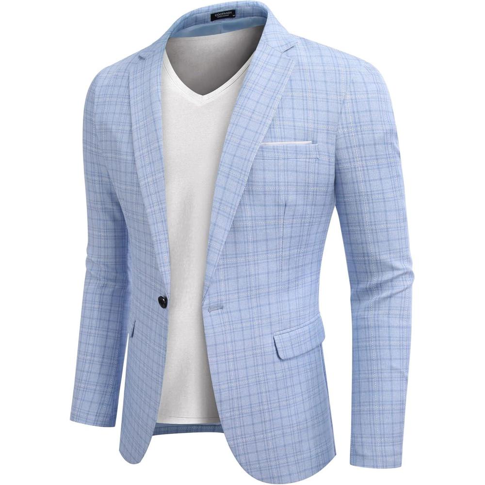 imageCOOFANDY Mens Blazer Casual Sport Coats Slim Fit One Button Suit Jacket Lightweight Sports JacketPlaid Blazer  Light Blue