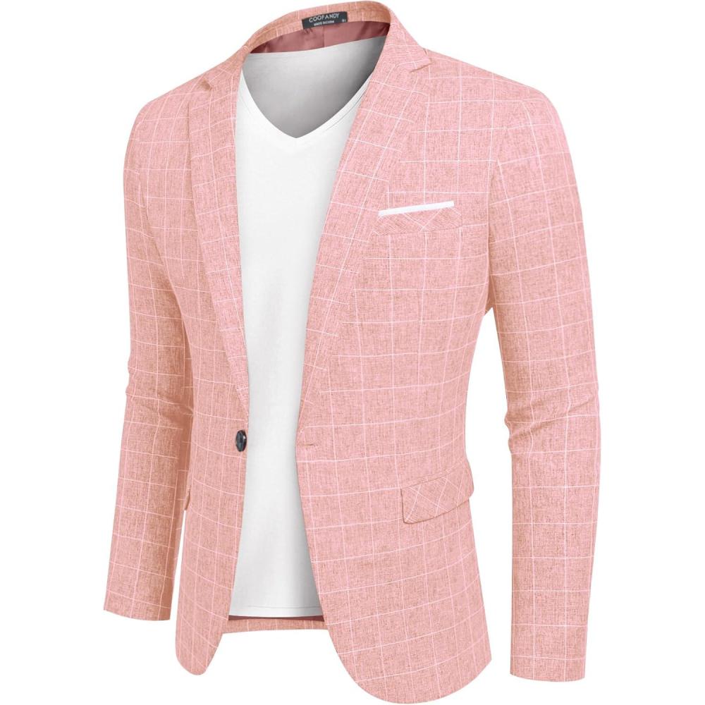 imageCOOFANDY Mens Blazer Casual Sport Coats Slim Fit One Button Suit Jacket Lightweight Sports JacketPlaid Blazer  Light Red