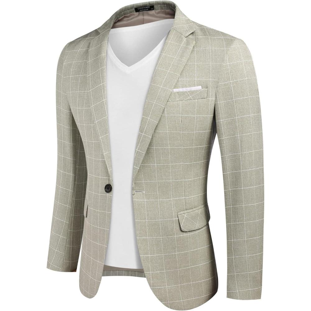 imageCOOFANDY Mens Blazer Casual Sport Coats Slim Fit One Button Suit Jacket Lightweight Sports JacketPlaid Blazer Light Khaki