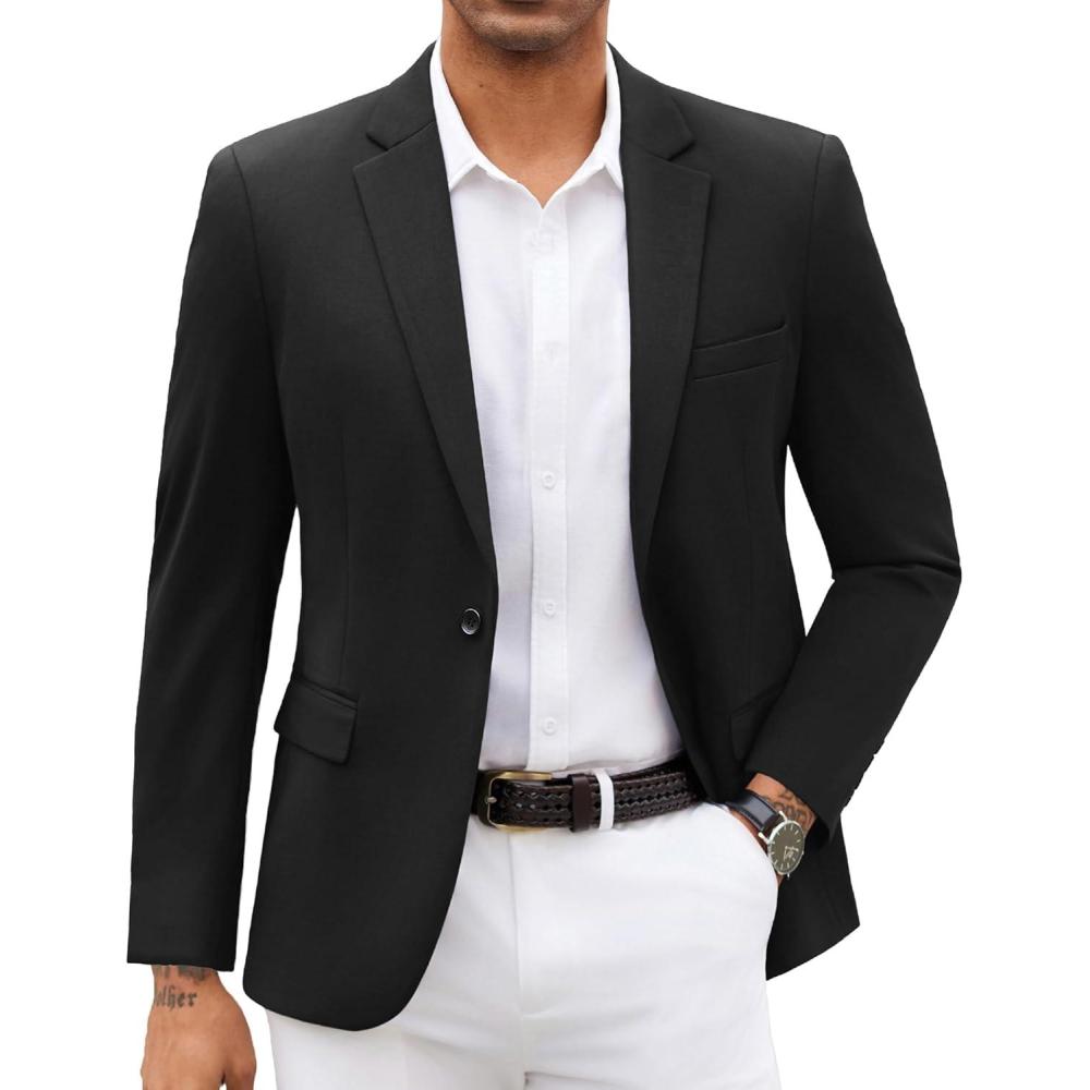 imageCOOFANDY Mens Blazer Jacket One Button Casual Suit Jackets Stretch Knit Sport CoatBlack