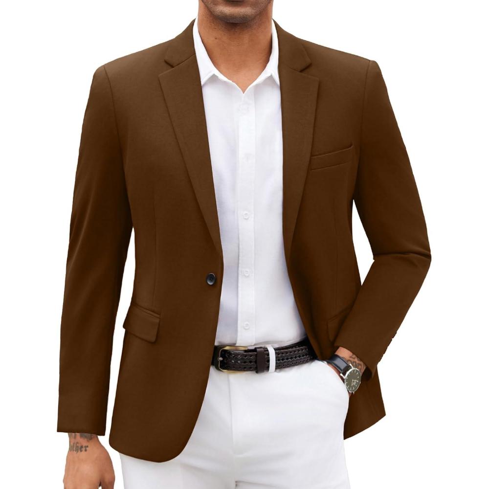 imageCOOFANDY Mens Blazer Jacket One Button Casual Suit Jackets Stretch Knit Sport CoatBrown2