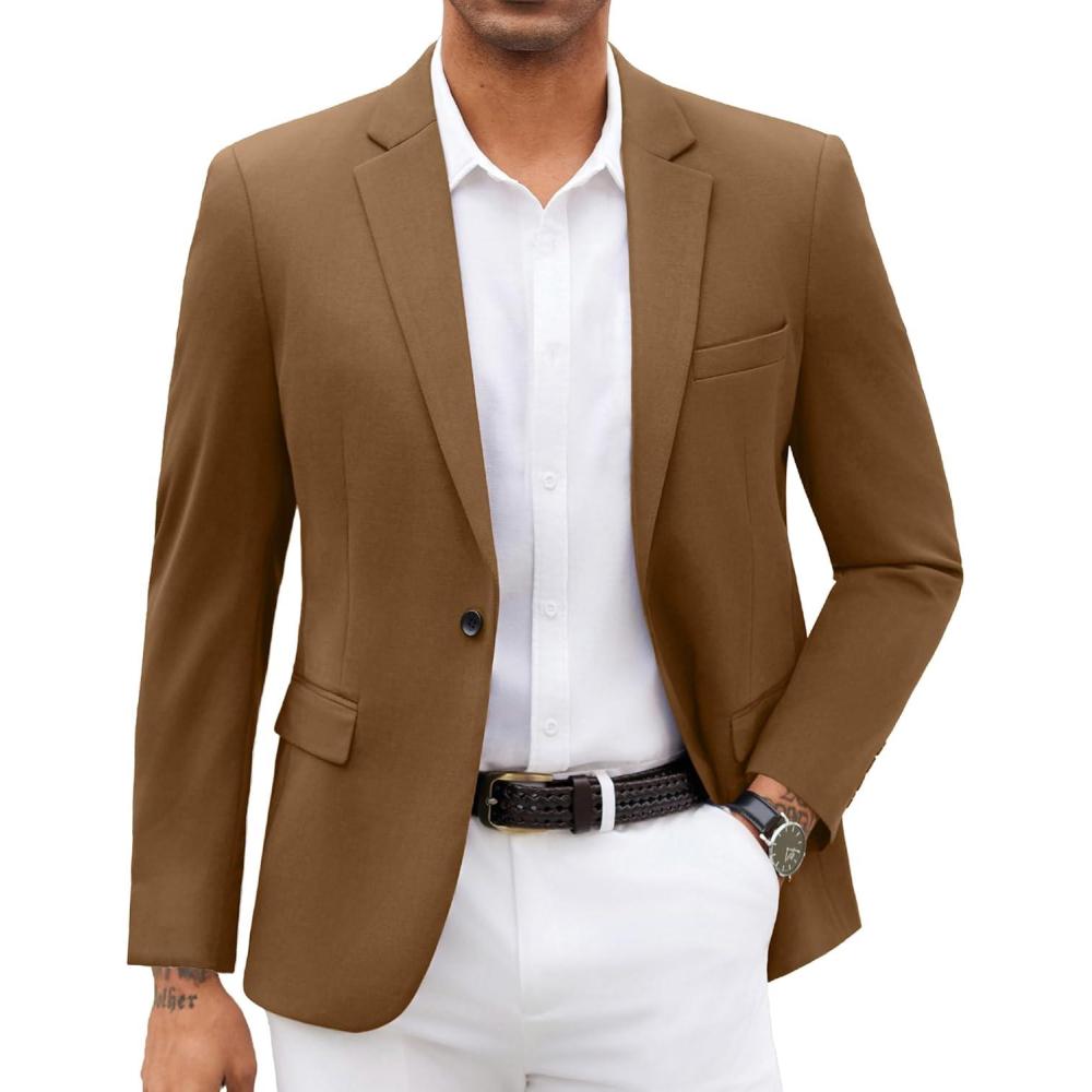 imageCOOFANDY Mens Blazer Jacket One Button Casual Suit Jackets Stretch Knit Sport CoatKhaki