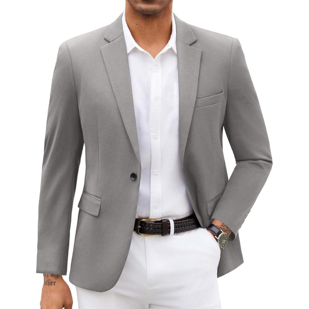 imageCOOFANDY Mens Blazer Jacket One Button Casual Suit Jackets Stretch Knit Sport CoatLight Gray