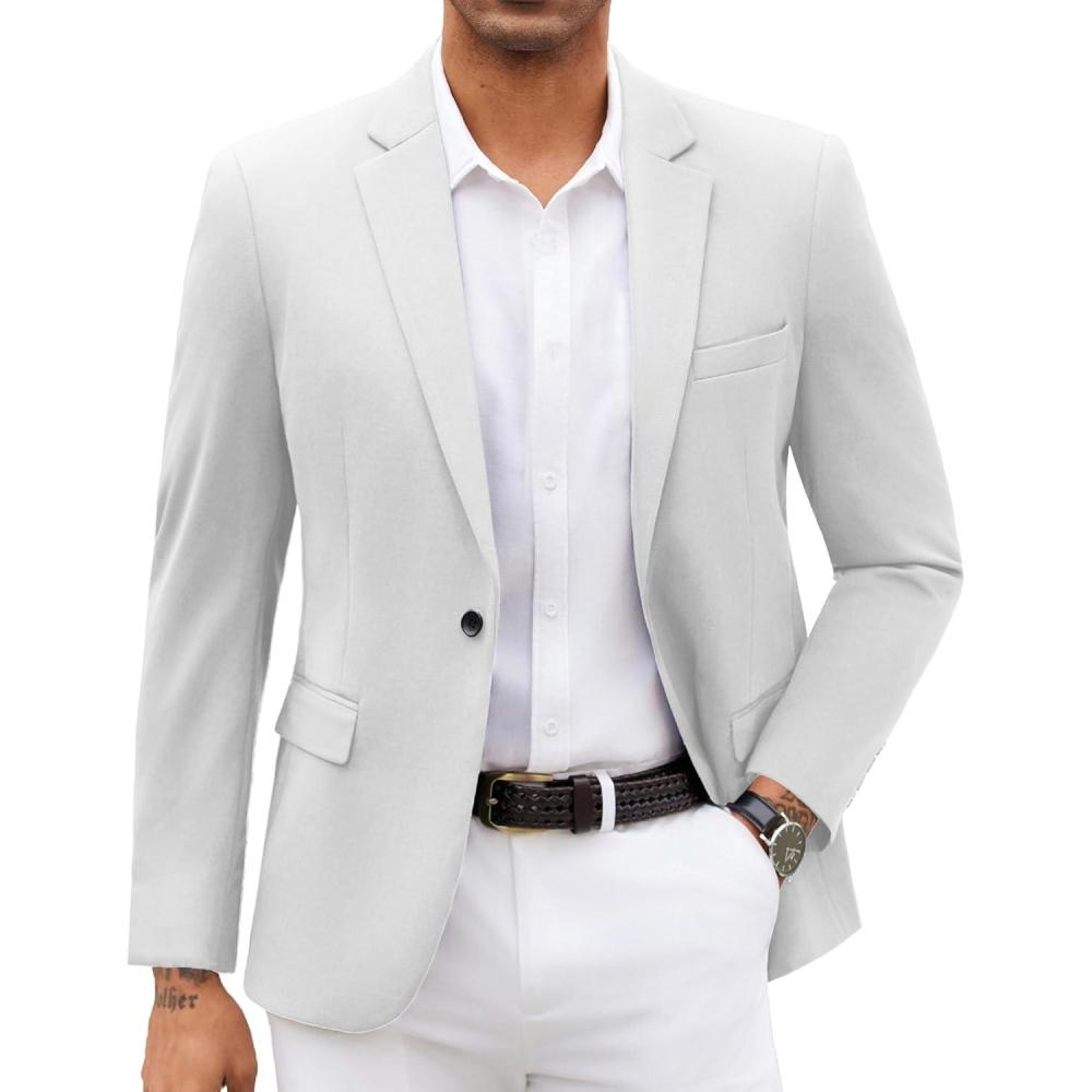 imageCOOFANDY Mens Blazer Jacket One Button Casual Suit Jackets Stretch Knit Sport CoatWhite