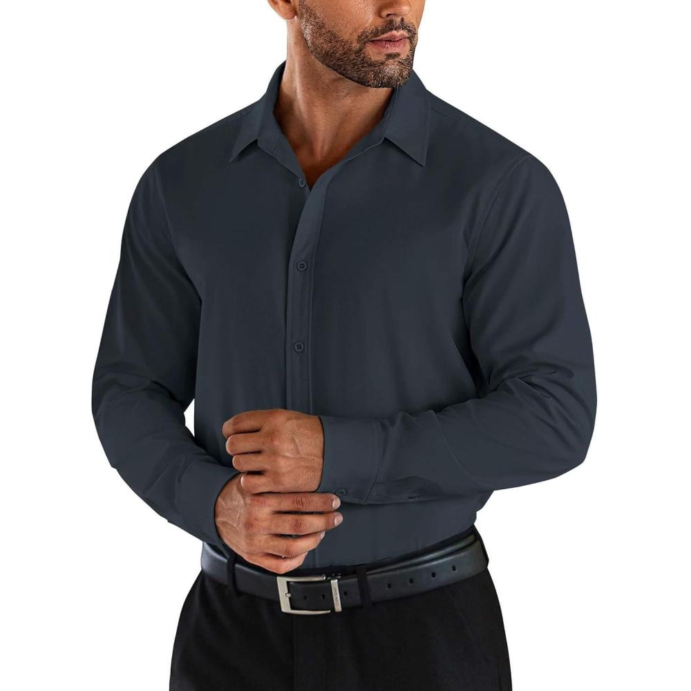 imageCOOFANDY Mens Business Dress Shirts Wrinkle Free Long Sleeve Regular Fit Dress Shirt Textured Casual Button Down ShirtsNavy Blue