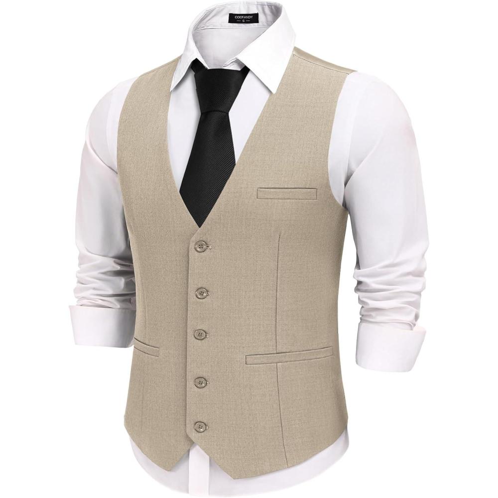 imageCOOFANDY Mens Business Suit Vests Slim Fit Formal Dress Waistcoat Groomsman Vest For WeddingBeige