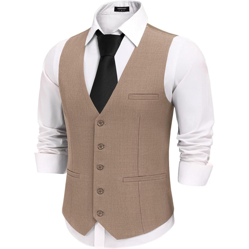 imageCOOFANDY Mens Business Suit Vests Slim Fit Formal Dress Waistcoat Groomsman Vest For WeddingKhaki
