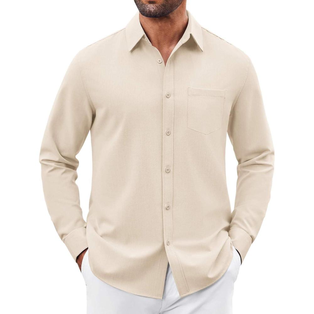 imageCOOFANDY Mens Button Down Shirt Casual Untucked Shirts Long Sleeve Dress Shirt with PocketBeige
