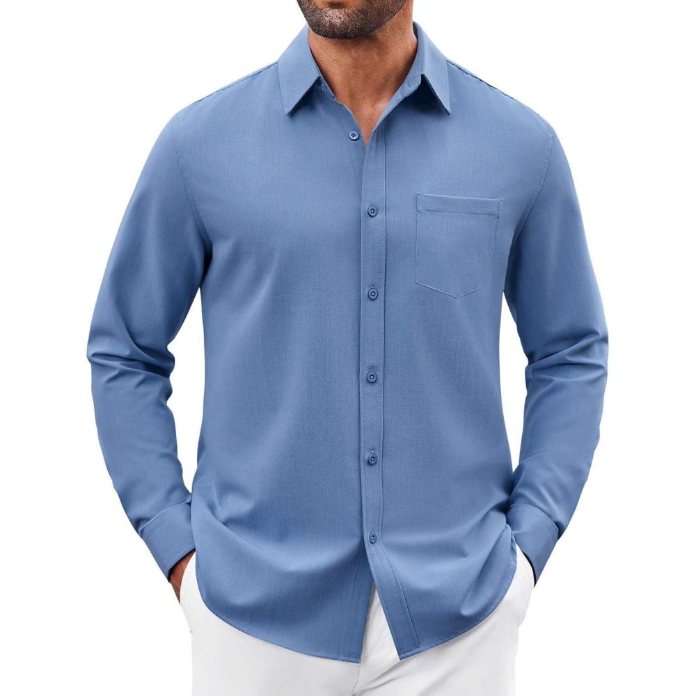 imageCOOFANDY Mens Button Down Shirt Casual Untucked Shirts Long Sleeve Dress Shirt with PocketDenim Blue
