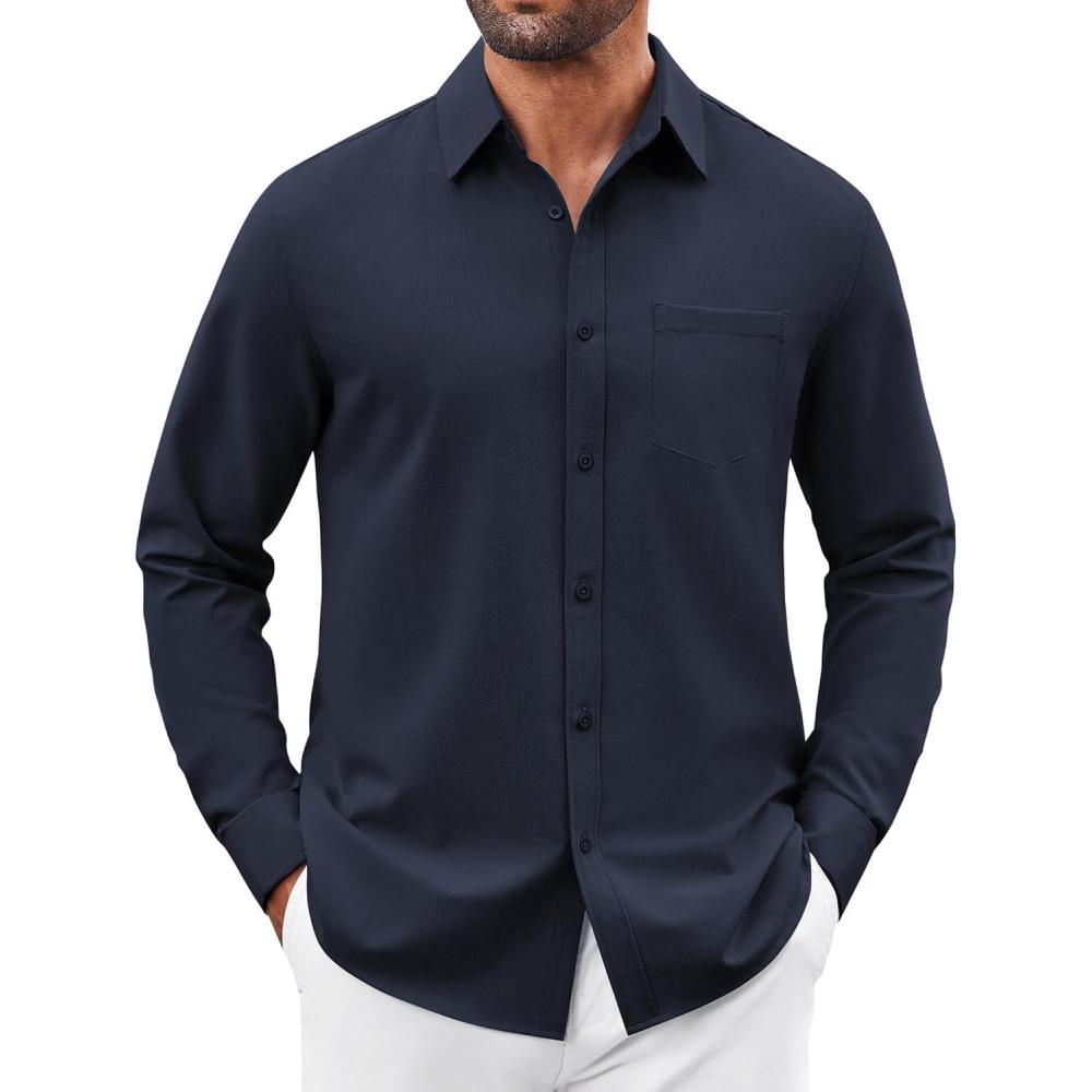 imageCOOFANDY Mens Button Down Shirt Casual Untucked Shirts Long Sleeve Dress Shirt with PocketNavy Blue