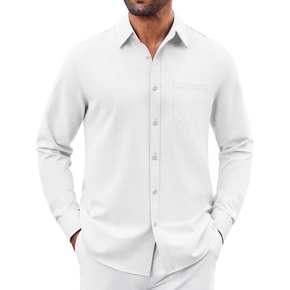 imageCOOFANDY Mens Button Down Shirt Casual Untucked Shirts Long Sleeve Dress Shirt with PocketWhite