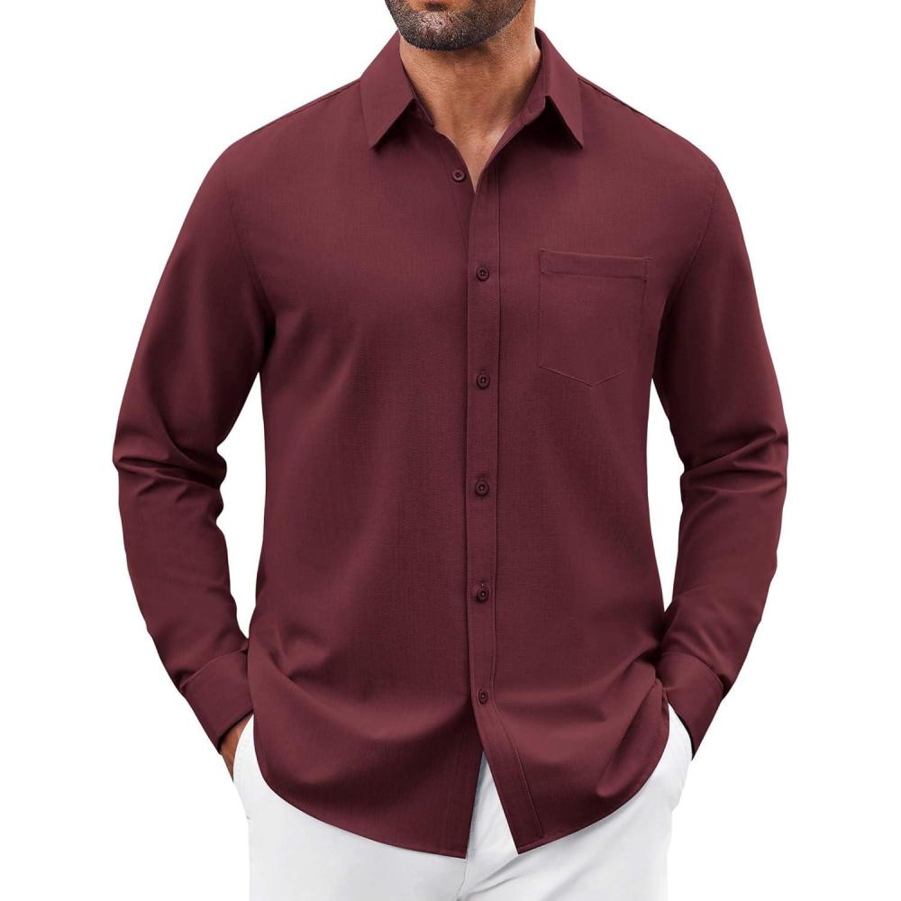 imageCOOFANDY Mens Button Down Shirt Casual Untucked Shirts Long Sleeve Dress Shirt with PocketWine Red