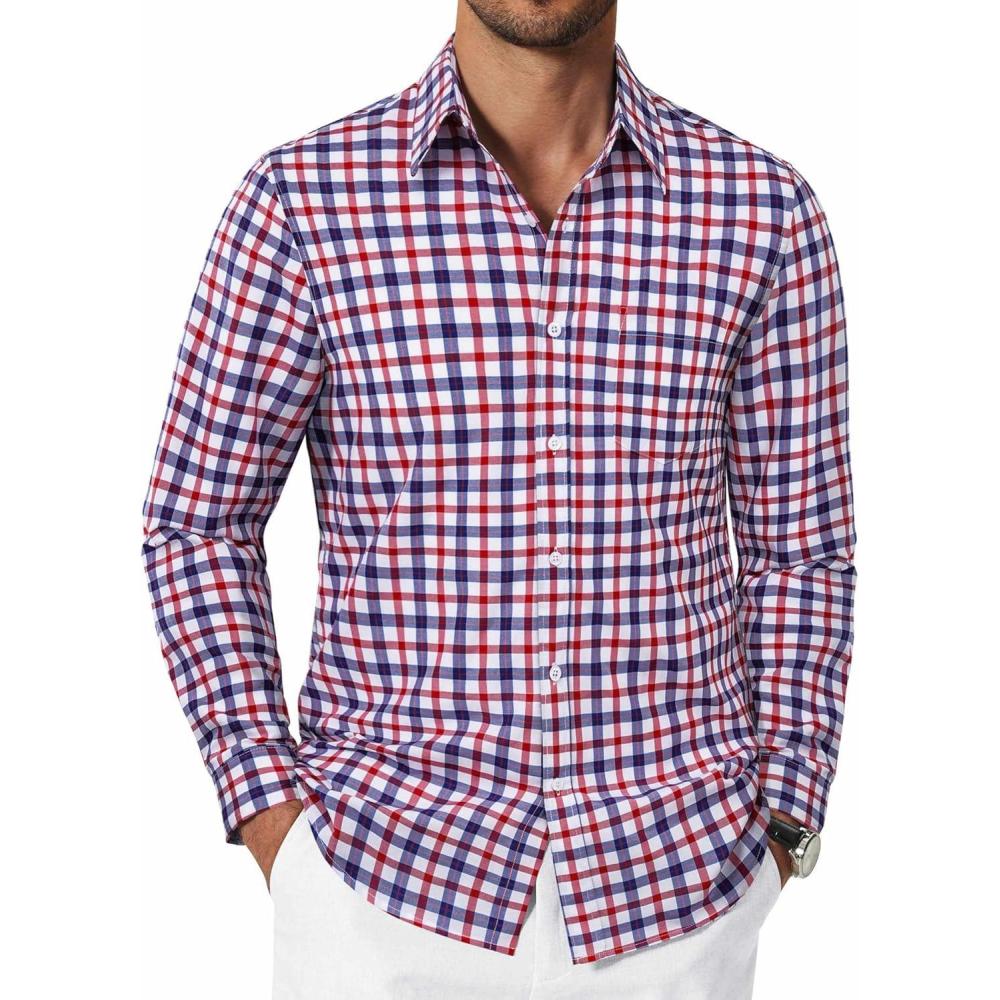 imageCOOFANDY Mens Button Down Shirt Cotton Long Sleeves Dress Shirt Wrinkle Free Casual Plaid ShirtBlue Red Gingham