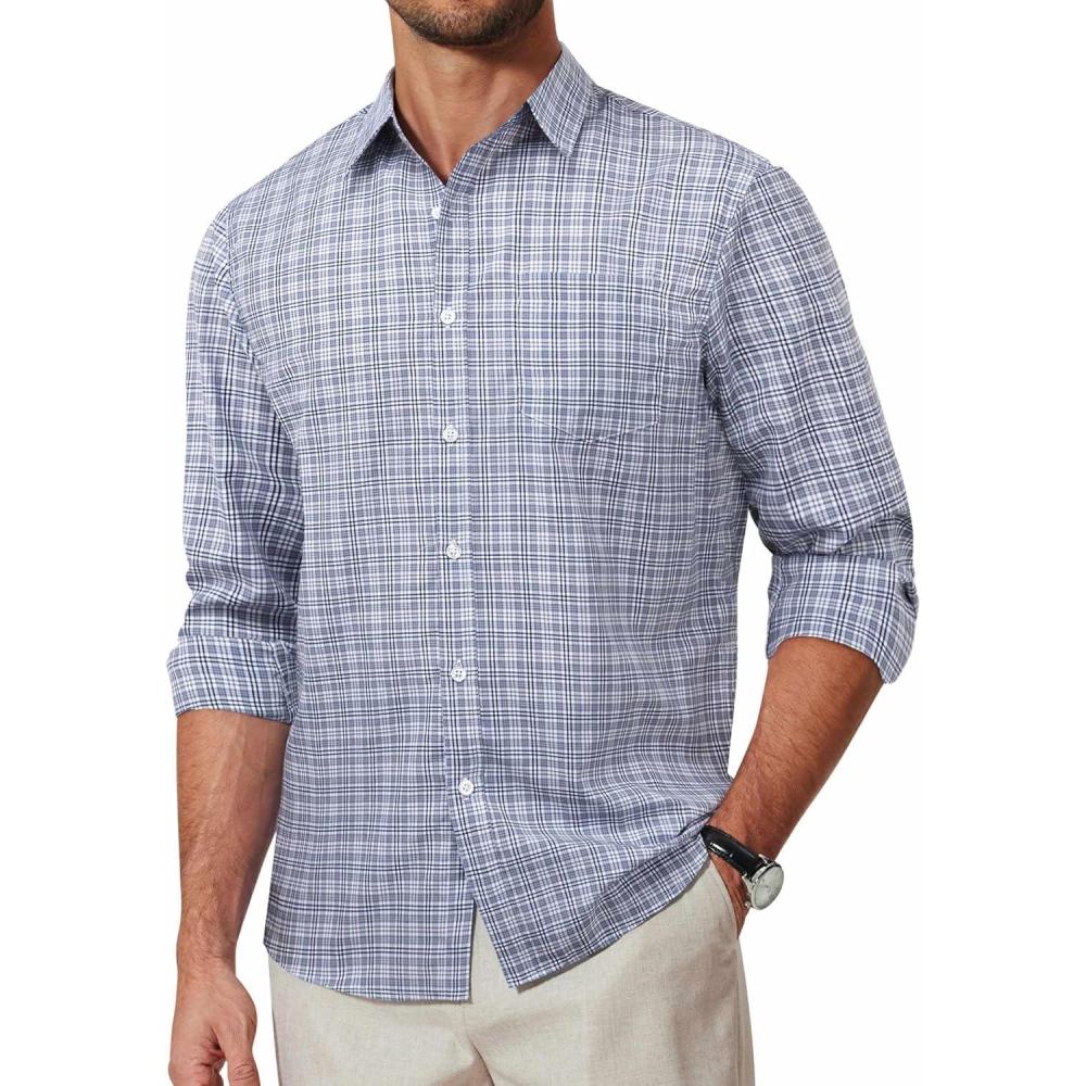 imageCOOFANDY Mens Button Down Shirt Cotton Long Sleeves Dress Shirt Wrinkle Free Casual Plaid ShirtGrey Plaid