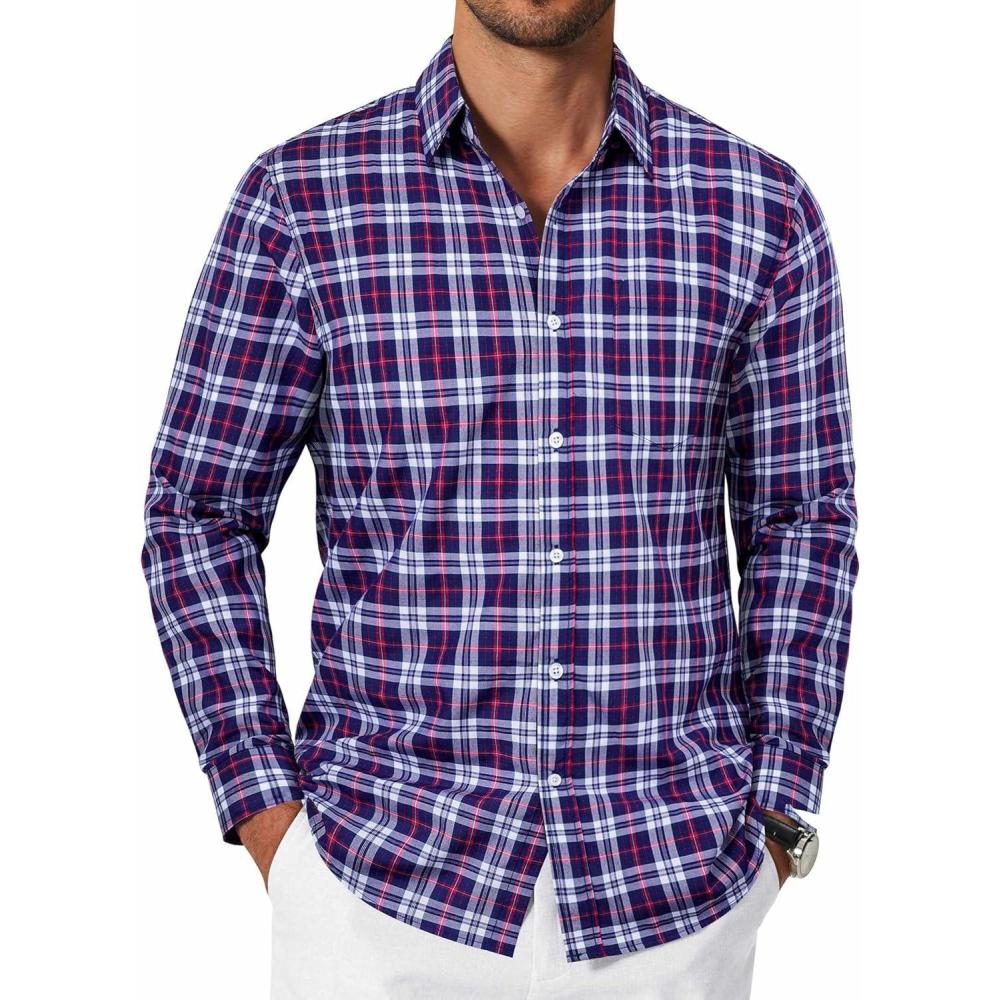 imageCOOFANDY Mens Button Down Shirt Cotton Long Sleeves Dress Shirt Wrinkle Free Casual Plaid ShirtNavy Blue Red Plaid