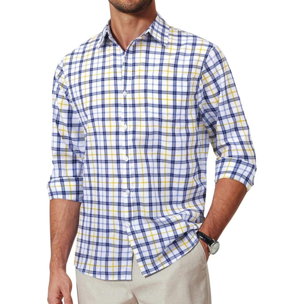 imageCOOFANDY Mens Button Down Shirt Cotton Long Sleeves Dress Shirt Wrinkle Free Casual Plaid ShirtWhite Yellow Plaid