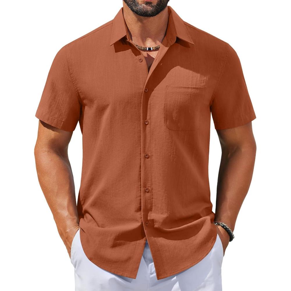 imageCOOFANDY Mens Button Down Shirts Casual Short Sleeve Linen Shirt Summer Beach Top with PocketCaramel