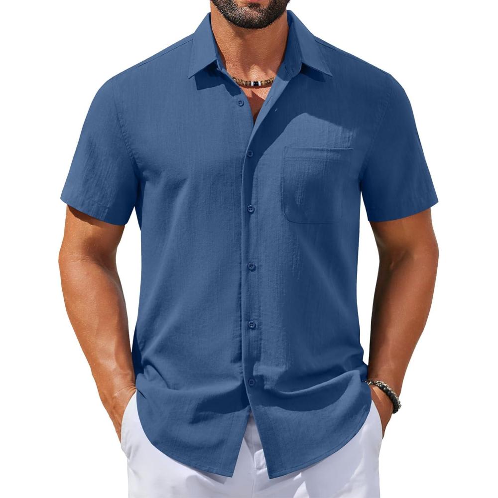 imageCOOFANDY Mens Button Down Shirts Casual Short Sleeve Linen Shirt Summer Beach Top with PocketDenim Blue