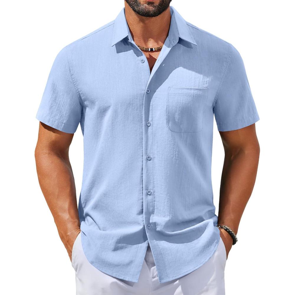 imageCOOFANDY Mens Button Down Shirts Casual Short Sleeve Linen Shirt Summer Beach Top with PocketLight Blue