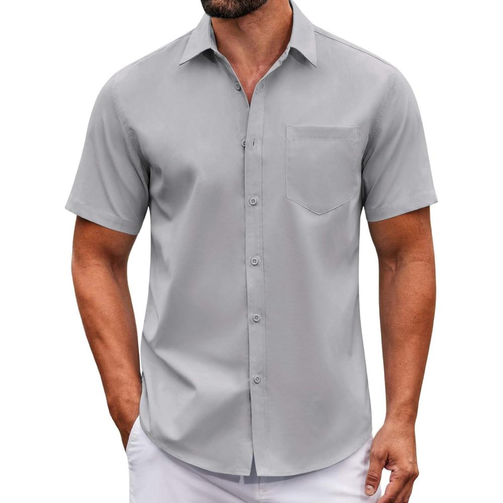 imageCOOFANDY Mens Button Down Shirts Casual Short Sleeve Linen Shirt Summer Beach Top with PocketLight Grey