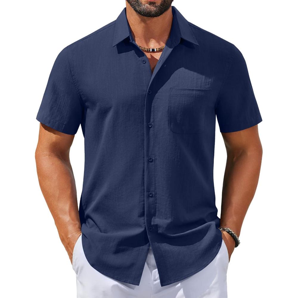 imageCOOFANDY Mens Button Down Shirts Casual Short Sleeve Linen Shirt Summer Beach Top with PocketNavy Blue