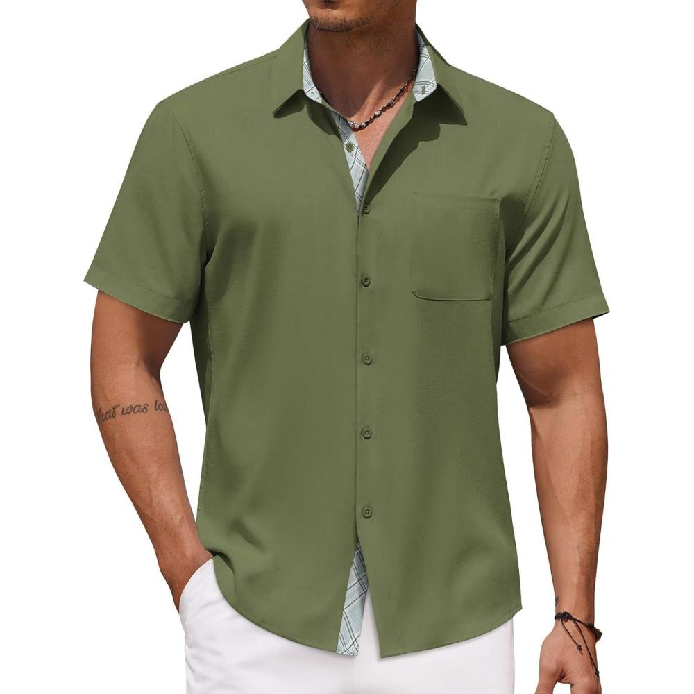 imageCOOFANDY Mens Button Down Shirts Short Sleeve Casual Linen Shirts for Men Summer Beach Wedding ShirtArmy Green