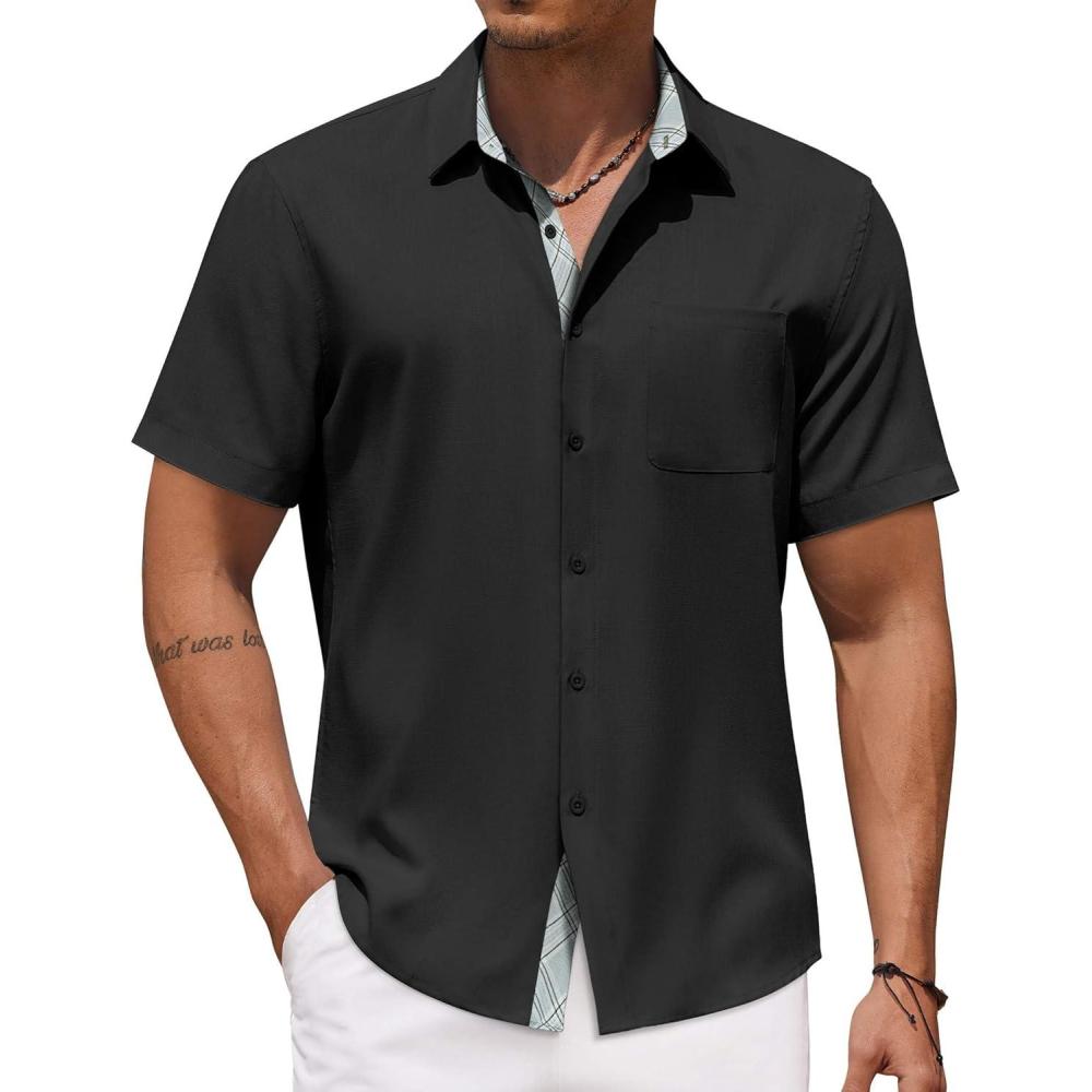 imageCOOFANDY Mens Button Down Shirts Short Sleeve Casual Linen Shirts for Men Summer Beach Wedding ShirtBlack