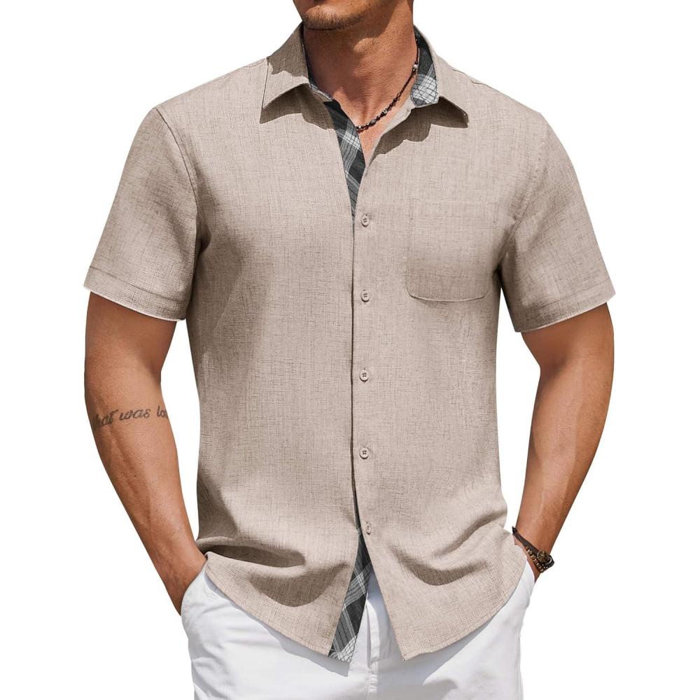 imageCOOFANDY Mens Button Down Shirts Short Sleeve Casual Linen Shirts for Men Summer Beach Wedding ShirtKhaki