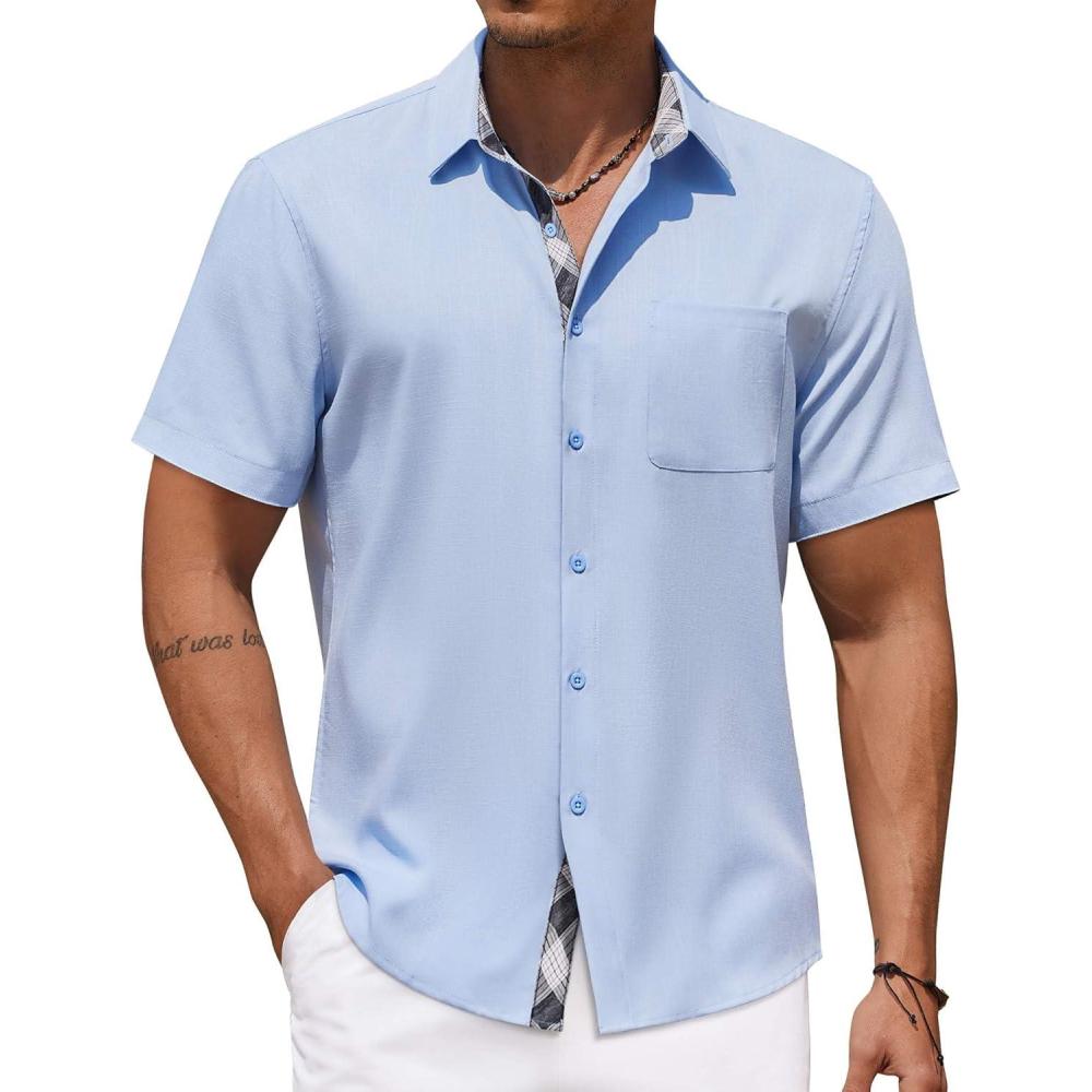 imageCOOFANDY Mens Button Down Shirts Short Sleeve Casual Linen Shirts for Men Summer Beach Wedding ShirtLight Blue