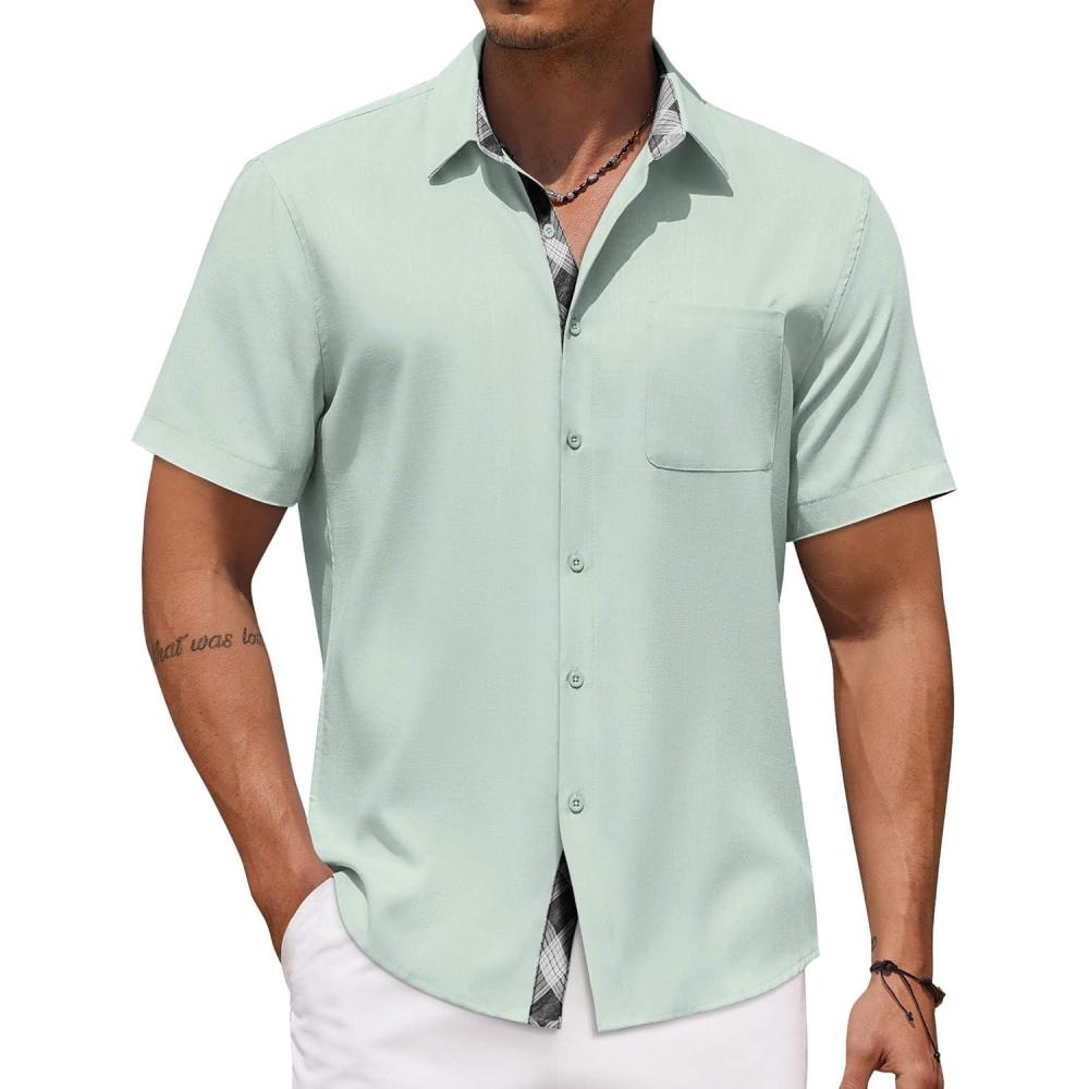 imageCOOFANDY Mens Button Down Shirts Short Sleeve Casual Linen Shirts for Men Summer Beach Wedding ShirtLight Green