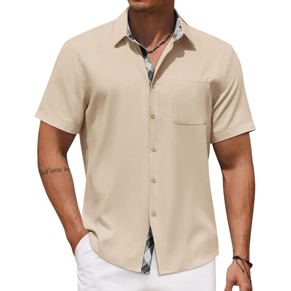 imageCOOFANDY Mens Button Down Shirts Short Sleeve Casual Linen Shirts for Men Summer Beach Wedding ShirtLight Khaki