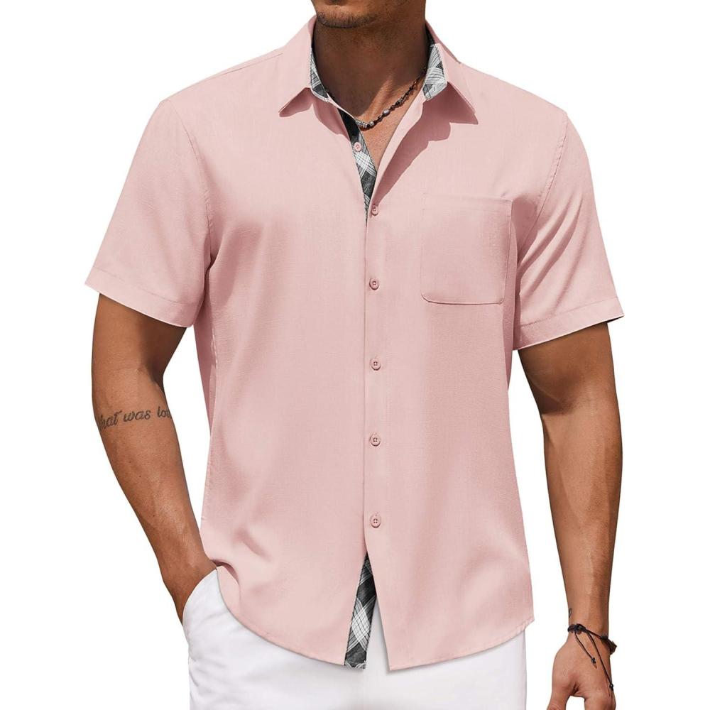 imageCOOFANDY Mens Button Down Shirts Short Sleeve Casual Linen Shirts for Men Summer Beach Wedding ShirtPink