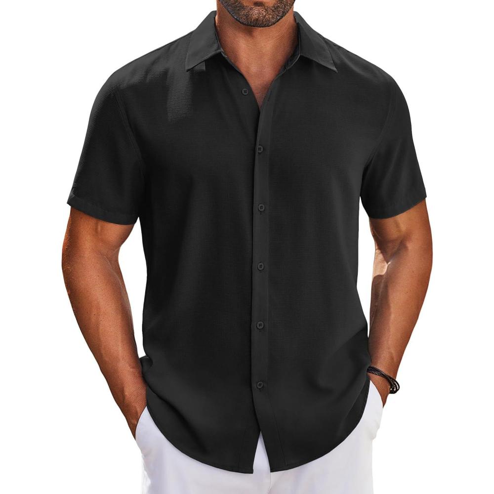 imageCOOFANDY Mens Button Down Shirts Short Sleeve Casual Shirt Summer Beach Wedding ShirtsBlack