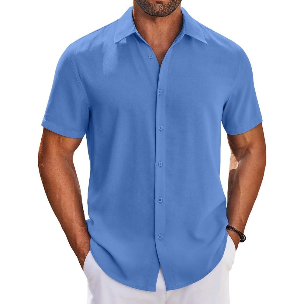 imageCOOFANDY Mens Button Down Shirts Short Sleeve Casual Shirt Summer Beach Wedding ShirtsBlue