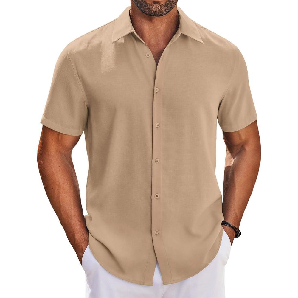 imageCOOFANDY Mens Button Down Shirts Short Sleeve Casual Shirt Summer Beach Wedding ShirtsKhaki