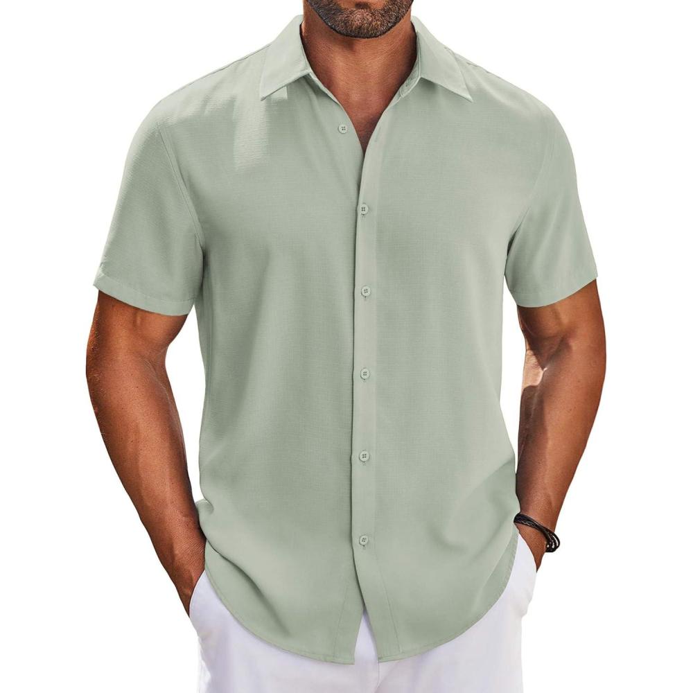 imageCOOFANDY Mens Button Down Shirts Short Sleeve Casual Shirt Summer Beach Wedding ShirtsLight Green