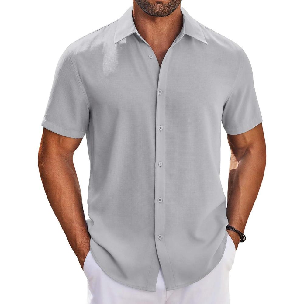 imageCOOFANDY Mens Button Down Shirts Short Sleeve Casual Shirt Summer Beach Wedding ShirtsLight Grey