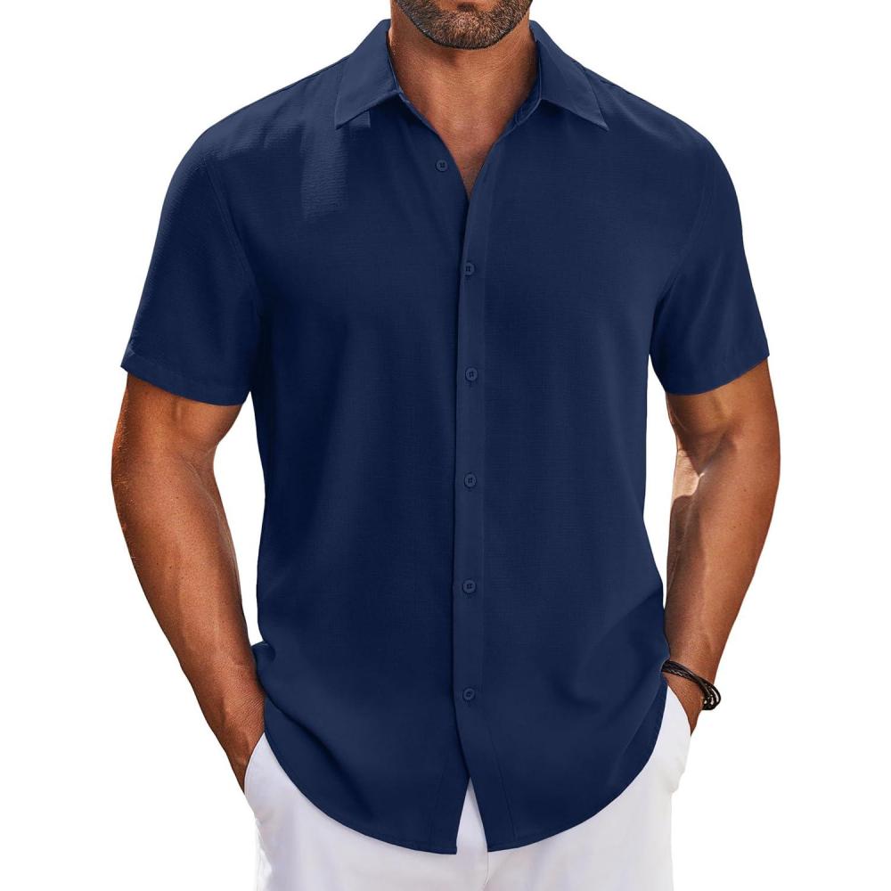 imageCOOFANDY Mens Button Down Shirts Short Sleeve Casual Shirt Summer Beach Wedding ShirtsMidnight Blue