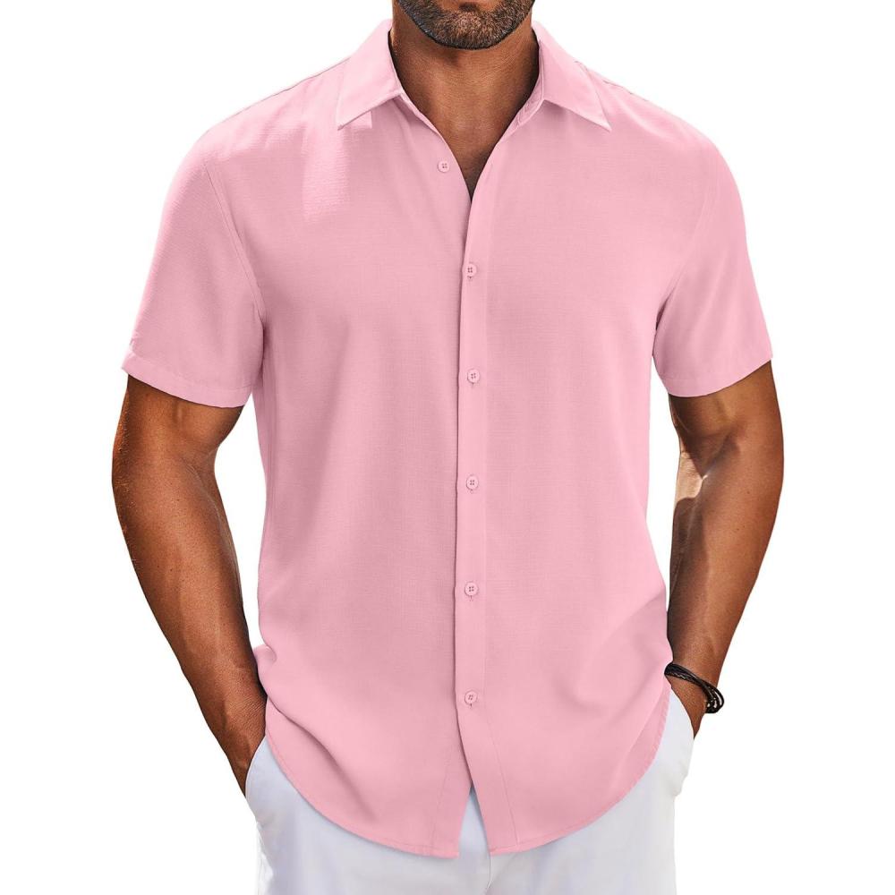 imageCOOFANDY Mens Button Down Shirts Short Sleeve Casual Shirt Summer Beach Wedding ShirtsPink