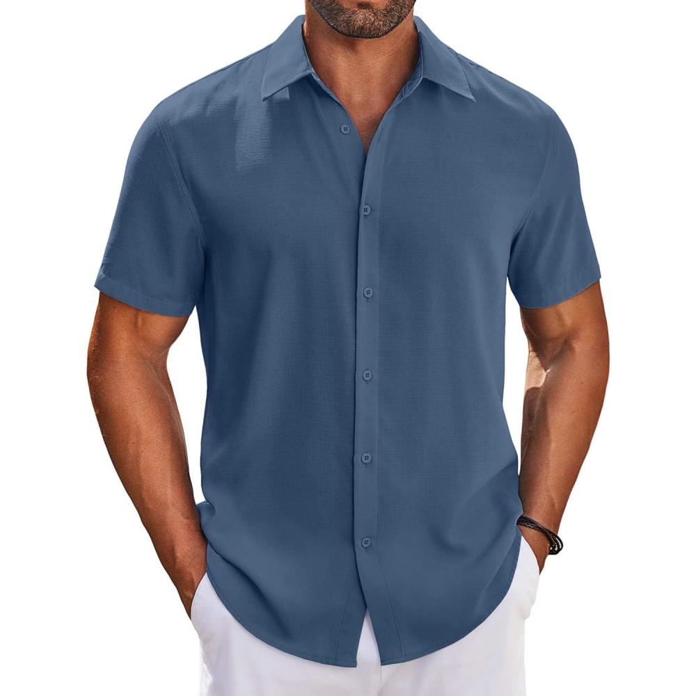 imageCOOFANDY Mens Button Down Shirts Short Sleeve Casual Shirt Summer Beach Wedding ShirtsSteel Blue