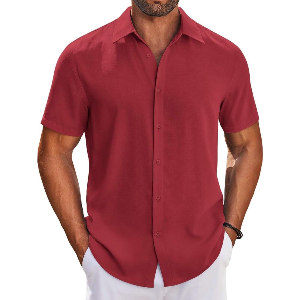 imageCOOFANDY Mens Button Down Shirts Short Sleeve Casual Shirt Summer Beach Wedding ShirtsWine Red