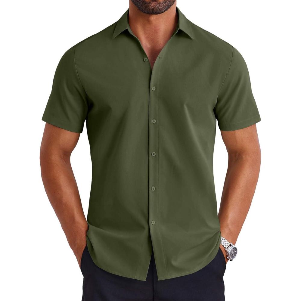 imageCOOFANDY Mens Button Down Shirts Short Sleeve Casual Shirt Summer Untucked Dress ShirtsArmy Green