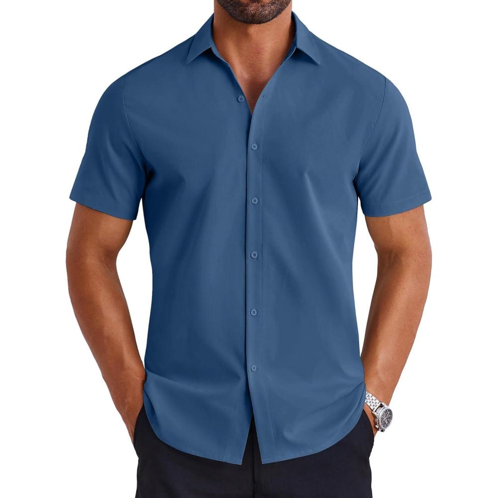 imageCOOFANDY Mens Button Down Shirts Short Sleeve Casual Shirt Summer Untucked Dress ShirtsBlue